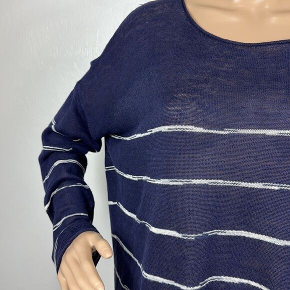 Eileen Fisher Organic Linen Navy Blue White Stripes Long Sleeve Top Size S - Picture 2 of 9